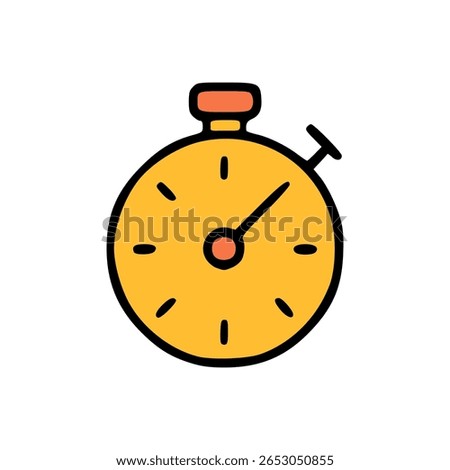 Flat yellow stopwatch icon with bold black outline and red button, simple timer symbol in cartoon style