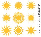 Flat yellow sun cartoon shapes isolated on white background.