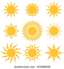 Flat yellow sun cartoon shapes isolated on white background.