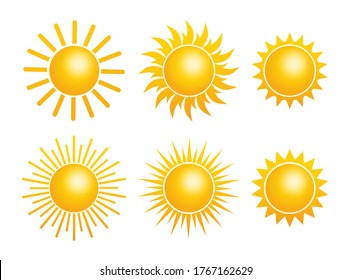 Flat yellow sun icon collection on white background. Vector flat cartoon illustration.