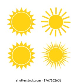 Flat yellow sun icon collection on white background. Vector flat cartoon illustration.