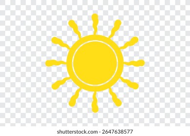 Flat yellow sun icon with wavy rays isolated on white background in simple summer weather symbol design