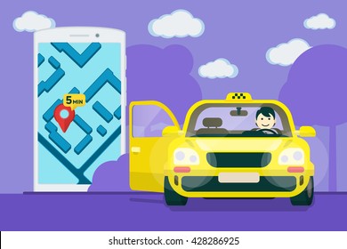 Flat yellow taxi with a driver and open door. Mobile phone with a label on the map