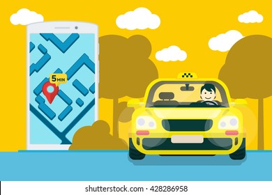 Flat yellow taxi with a driver traveling on the road. Mobile phone with a label on the map