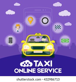 Flat yellow taxi with a driver traveling on the road. Online infographic icons