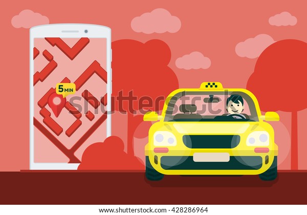 Flat yellow taxi with a driver traveling on the\
road. car front view. Mobile phone with a label on the map. Vector\
clipart graphics