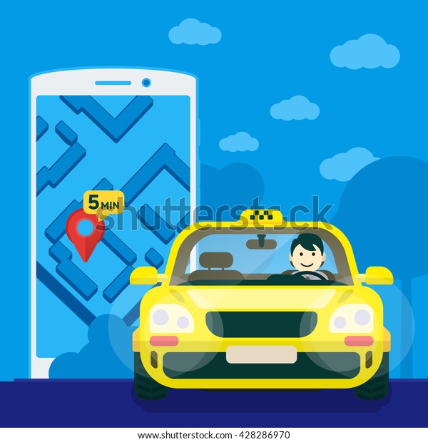 Flat yellow taxi with a driver\
traveling on the road. Mobile phone with a label on the\
map