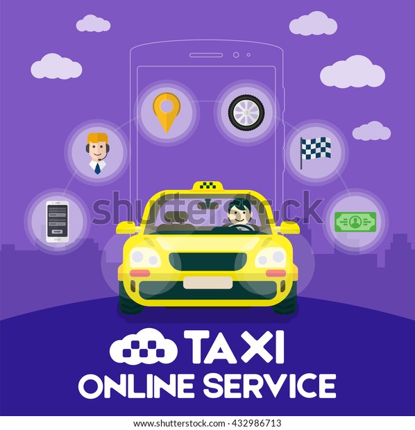 Flat yellow taxi with a driver traveling on the\
road. Online infographic\
icons