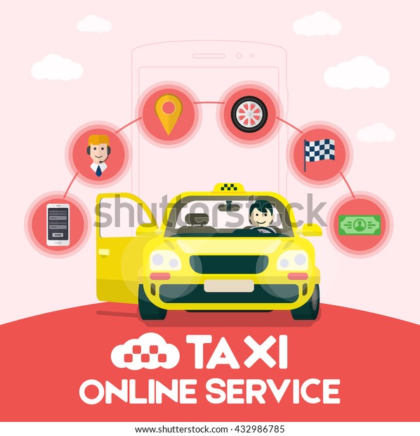 Flat yellow taxi with a driver traveling on the\
road. Online infographic\
icons