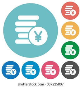 Flat yen coins icon set on round color background.