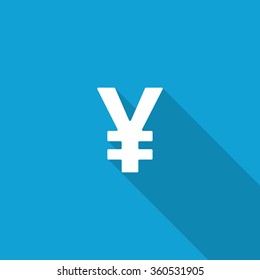 Flat Yen icon with long shadow on blue backround