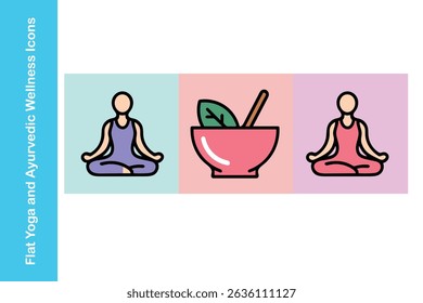 Flat Yoga and Ayurvedic Wellness Icons Meditation, Natural Therapy Holistic Health