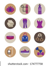 Flat Yoga essential icons set -  female Yoga dress, water container, strap, purse, shoe, gym weights, blocks, mat, headband, and music player