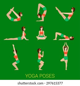 Flat yoga poses stylish modern young sexy girl lady pilates set of figures