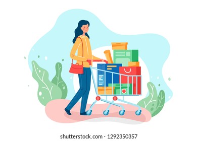 Flat young beautiful woman with long hair, bag and shopping trolley goes home. Isolated concept girl character with boxes with clothes, food and equipment. Vector illustration.