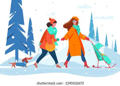 Flat young beautiful women with dog and stroller walking along snowy winter street. Concept relax girl with baby and dachshund. Vector illustration.