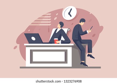 Flat young businessman characters with different moods at work. Concept man employee with coffee, cellphone, laptop and clock. Vector illustration.