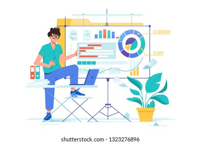 Flat young businessman presentation new data analysis with diagram. Concept man chatacter with laptop, folders, pland and whiteboard. Vector illustration.