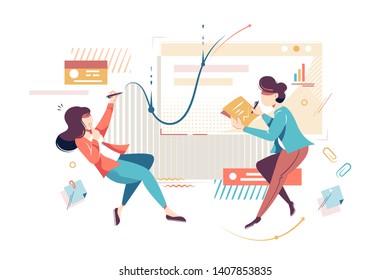 Flat young businesswoman employee at project work. Concept isolated woman character worker with documents at workplace, career relationship. Vector illustration.