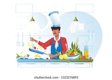 Un chef joven y plano cocinando un plato vegetariano con aceite de oliva. Concepto de comida de restaurante, café saludable.Ilustración vectorial.