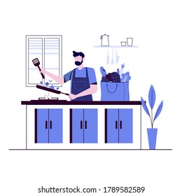 Flat young chef cooking vegetarian dish with olive oil. Concept restaurant food, healthy cafe. Vector illustration.