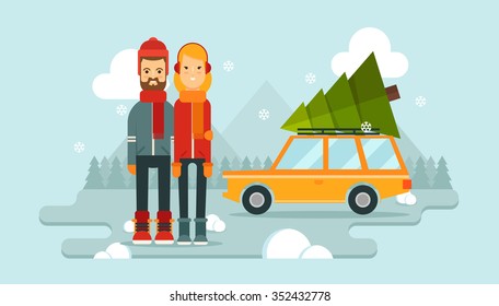 Flat Young Couple Standing Near the Car. Snowy Trees and Mountains on the Background. Colorful Vector Illustration