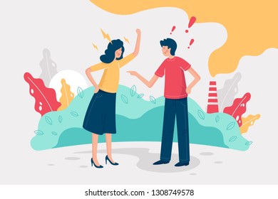 Flat young couple swear about environmental protection. Concept man, woman and girl characters, industrial and nature. Vector illustration.