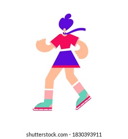 Flat young female character ice skating. Woman on skates cartoon character on white background