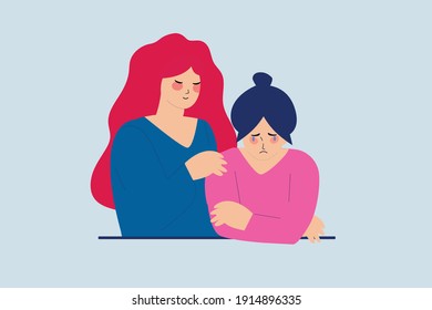 Flat young female comforts her best friend due to depression and anxiety. Close Friends and family help. Mother support her crying daughter. Concept of solidarity for people under stress. Vector.