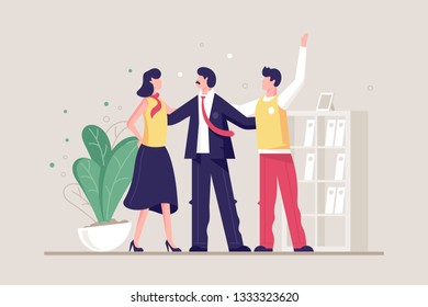 Flat Young Friendly Team With Man And Woman In Office. Concept Businesswoman And Businessman Characters, Workplace. Vector Illustration.