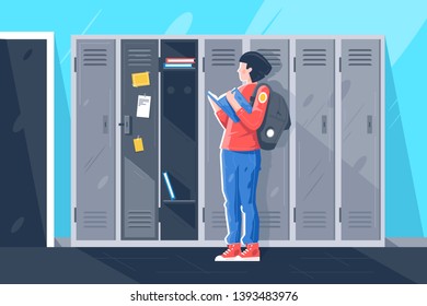 Flat young girl with book at school lockers. Concept studying woman character with backpack in university. Vector illustration.