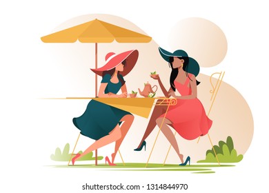 Muchachas planas en el café cuando se reúnen al aire libre. Concepto de personajes femeninos con paraguas y taza de té.Ilustración vectorial.