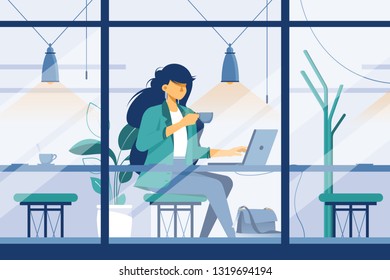 Flat Young Girl With Laptop In Cafe At Business. Concept Woman Character With Modern Style And Cup Of Tea. Vector Illustration.