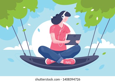 Flat young girl with tablet, headphones at hammock on tree. Concept relax woman character watching at modern technology mobile device. Vector illustration.