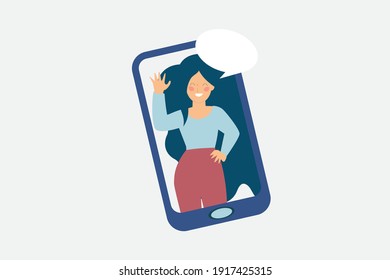 Flat young girl waving her hand inside a mobile and looks happy. conversation between friends online. Woman talking at the camera. Female saying hello or goodbye or friendship concept. Vector style.