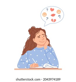 Flat young girl writes journal or creative drawing. Cute thoughtful female teenager making notes into her diary. Woman diary concept design. Thinking cartoon person portrait vector illustration