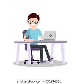 flat, young, illustration, vector, man, laptop, sitting, computer, character, people, cartoon, working, work, business, person, coffee, desk, male, adult, technology, office, table, chair, design, mod