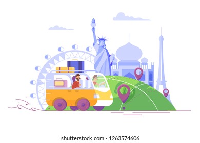 Flat young man with beard, bags traveling by car to paris, india, america. Concept jorney with vehicle, map point. Vector illustration.