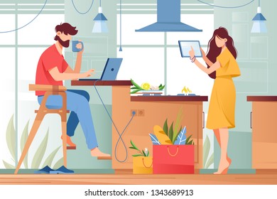 Flat young man with beard and beauty woman couple with gadgets in life. Concept wife and husband characters with modern device, tablet, laptop, mobile technology. Vector illustration.