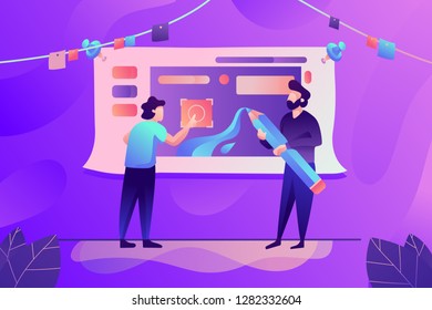Flat young man with beard work together in design app in technological workplace. Concept businessman, employee with equipment, graphics tablet. Vector illustration.