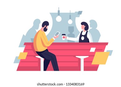 Flat young man with bread and barista drinking coffee in cafe. Concept woman and cutomer characters. Vector illustration.