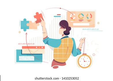 Flat young man controls time and project management. Concept businessman character with clock, puzzle and graph, diagram. Vector illustration.