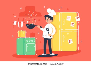 Flat young man cooks, fry in kitchen in professional uniform. Concept food, profession, toque, kitchen interior. Vector illustration.