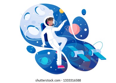 Flat young man cosmonaut in space with spacesuit. Concept spaceman character with planet, science technology. Vector illustration.