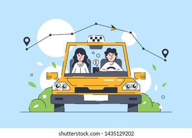 Jovem plano ganhando em táxi e carrega mulher. Conceito personagem masculino e feminino no serviço de veículo automóvel amarelo. Ilustração vetorial.