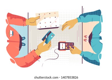 Flat young man employee calculates cost of purchase. Concept customer and businessman characters with card and modern payment terminal device. Vector illustration.