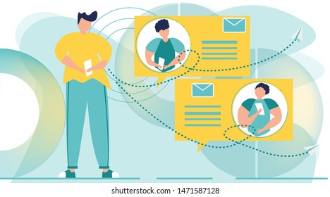 Flat young man with mobile phone for contacts with people. Businessmen discuss social network, news, social networks, chat, dialogue speech bubbles. Vector illustration in a flat cartoon style.