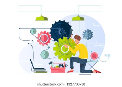 Flat young man repair and fine-tune gears with laptop. Concept srvice for optimization system, equipment. Vector illustration.