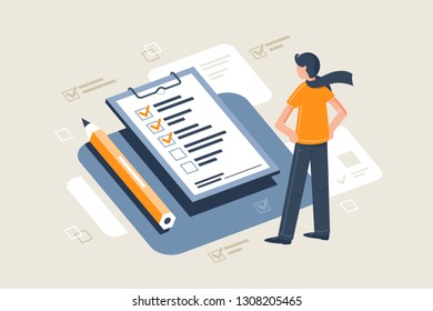 Flat young man with scarf in front table with pencil and check sheet. Concept successful businessman with completed tasks and future business. Vector illustration.