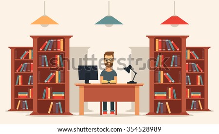 Flat Young Man Sitting in the Library and Reading a Book. Bookcases on Background. Colorful Vector Illustration